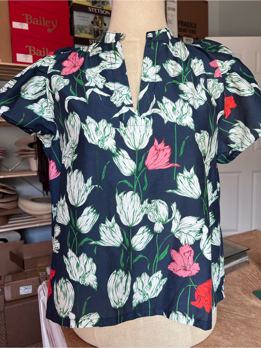 Trovata Navy Top with Pink & White Floral Print